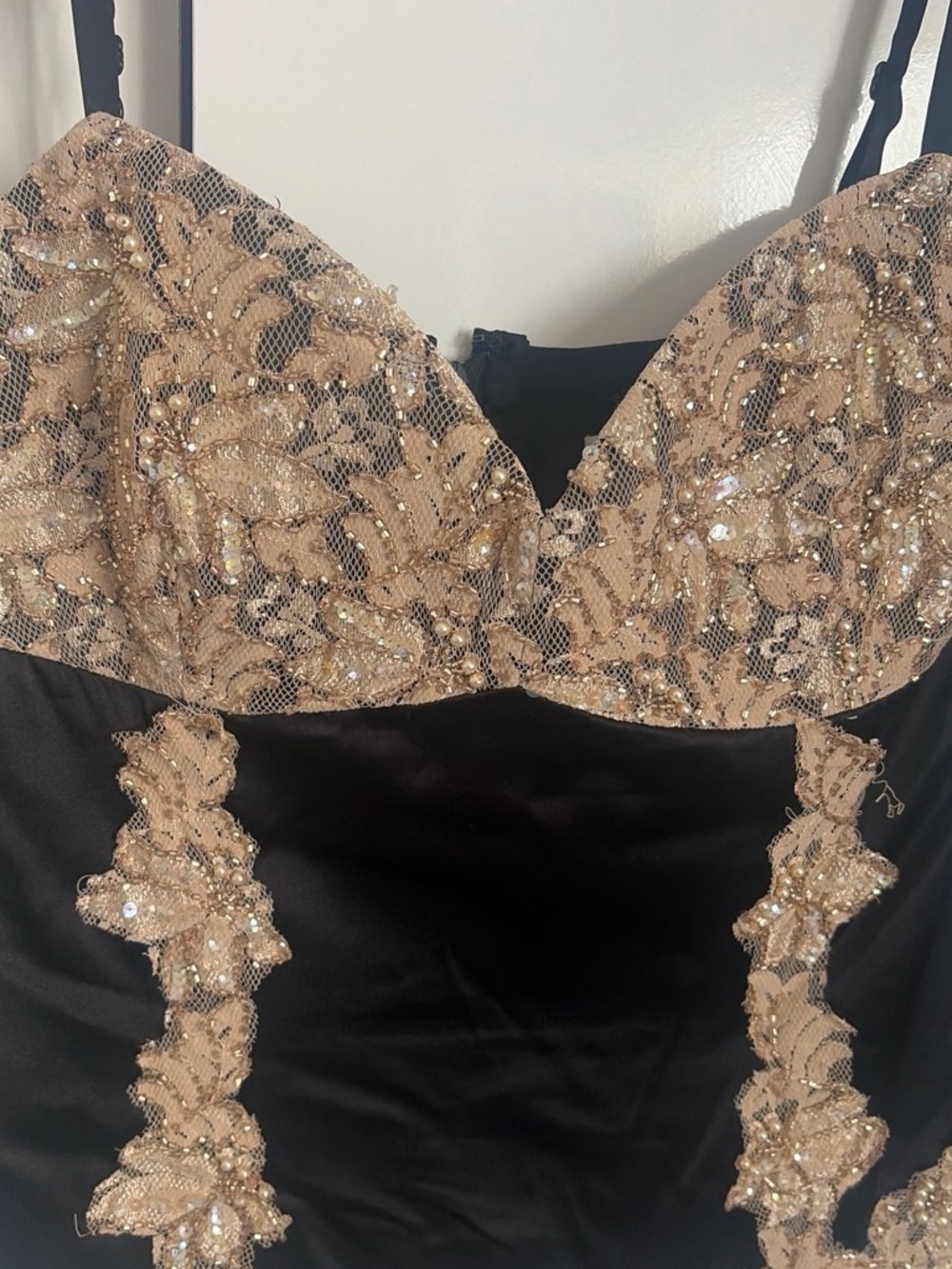 Cache Black and Champagne Lace Sequin Bustier Top